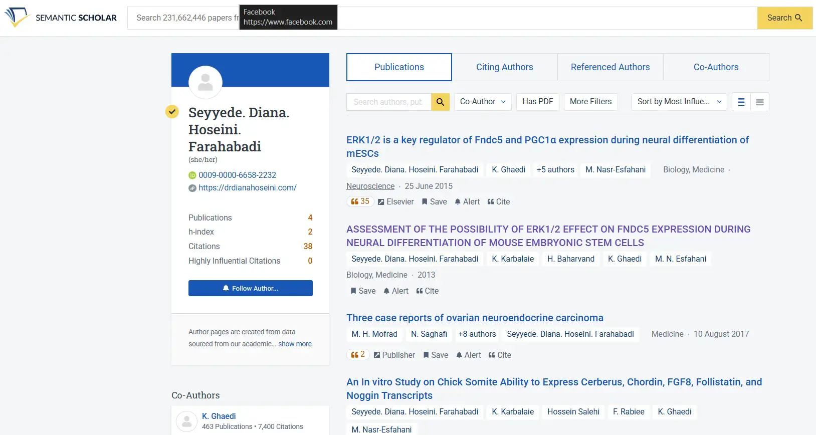 صفحه پروفایل دکتر دیانا حسینی در وبسایت سمنتیک اسکالر