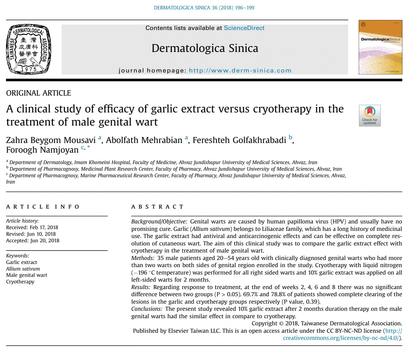 تصویر مقاله مربوط به مقایسه بین سیر و کرایوتراپی در درمان زگیل تناسلی